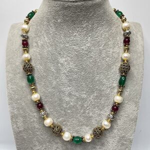 Stunning Green Red Gemstone Freshwater Pearl Beaded Necklace Gold Plated 23"